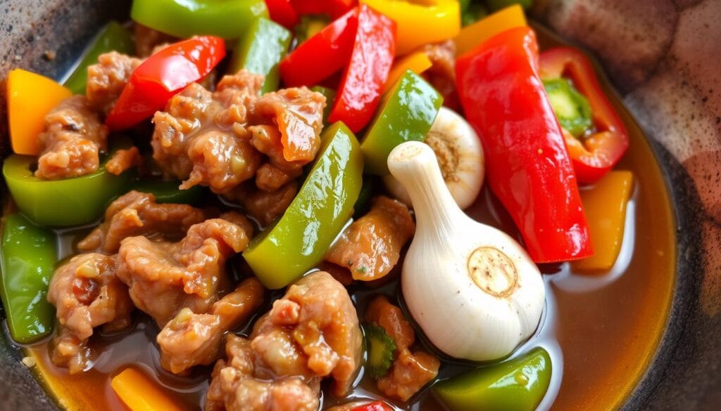  Tender pepper steak coated in rich, savory gravy with bell peppers and onions, served hot on a plate.