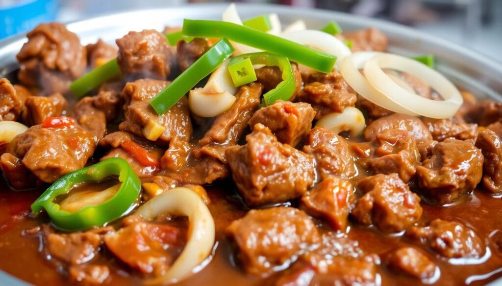 Juicy pepper steak with savory gravy smothered in rich brown gravy with colorful bell peppers and onions, served on a plate.