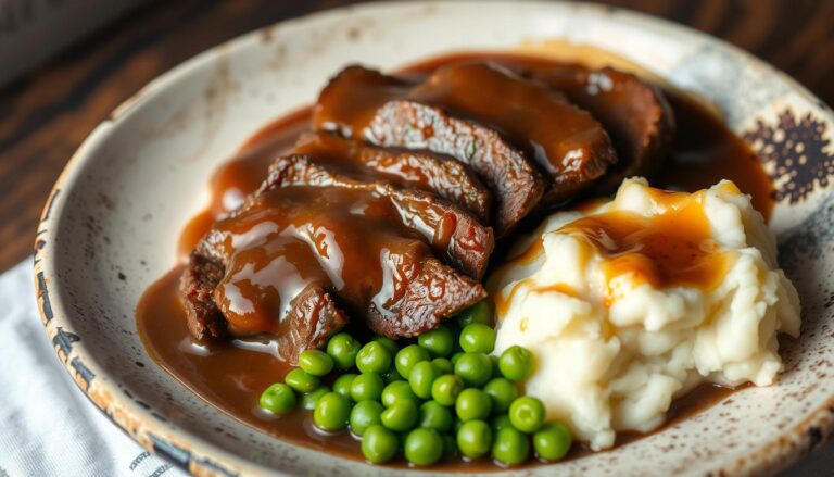 Juicy pepper steak recipe with gravy smothered in rich brown gravy with colorful bell peppers and onions, served on a plate.