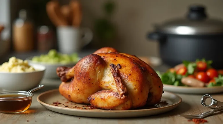 Juicy golden-brown roast chicken in roaster oven recipe surrounded by roasted vegetables and fresh herbs.