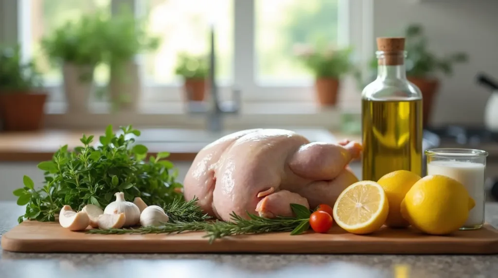 A top-down view of fresh ingredients for a roast chicken in roaster oven, including a whole raw chicken, butter, garlic, fresh herbs, lemon slices, and seasoning blends arranged on a wooden countertop