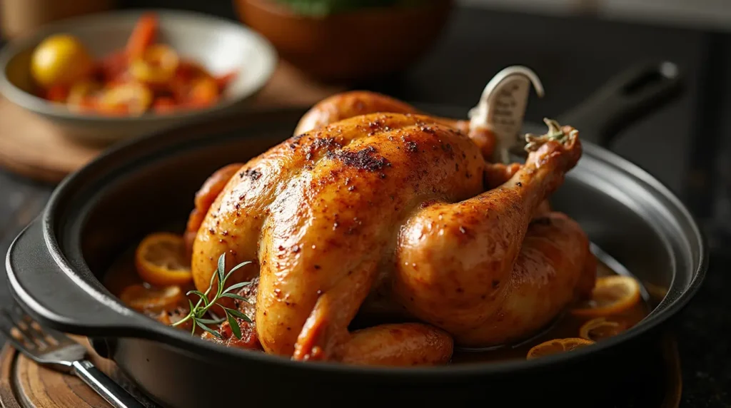 A golden-brown roast chicken in a roaster oven, surrounded by herbs, garlic, and lemon slices, with crispy skin glistening from the pan juices.