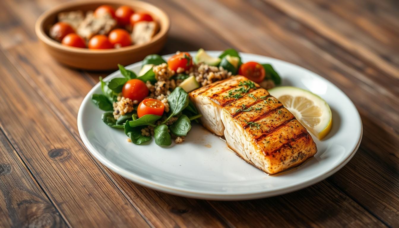 Grilled salmon recipe high in vitamin b fillet with fresh vegetables and lemon slices