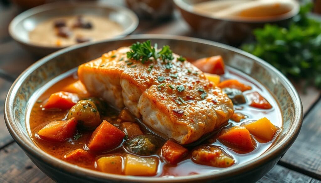 Bowl of creamy salmon stew recipe with vegetables and herbs