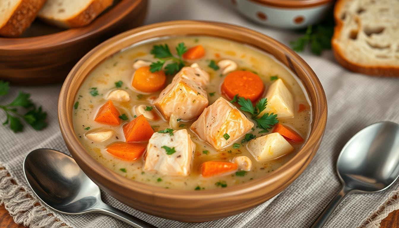 A comforting bowl of salmon stew recipe with carrots, potatoes, and fresh herbs