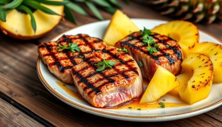 Grilled simple tuna steaks and pineapple recipes with caramelized pineapple slices on a plate