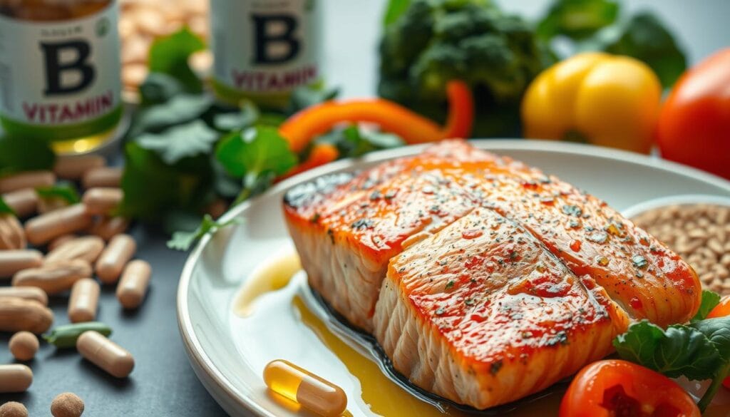 Pan-seared salmon fillet with leafy greens and lemon wedges