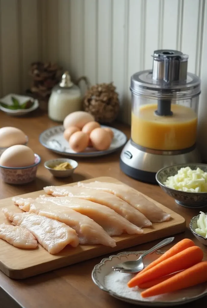 Fresh ingredients for a homemade Gefilte Fish Recipe, including whitefish, pike, carrots, and matzo meal.