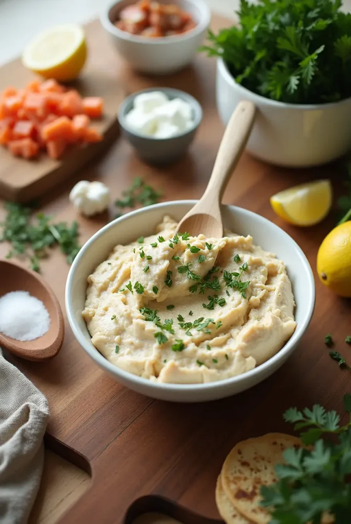 Fresh ingredients for making fish dip, recipe including cream cheese, fish, and fresh herbs