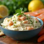 Delicious creamy fish dip recipe served with fresh vegetables and crackers.