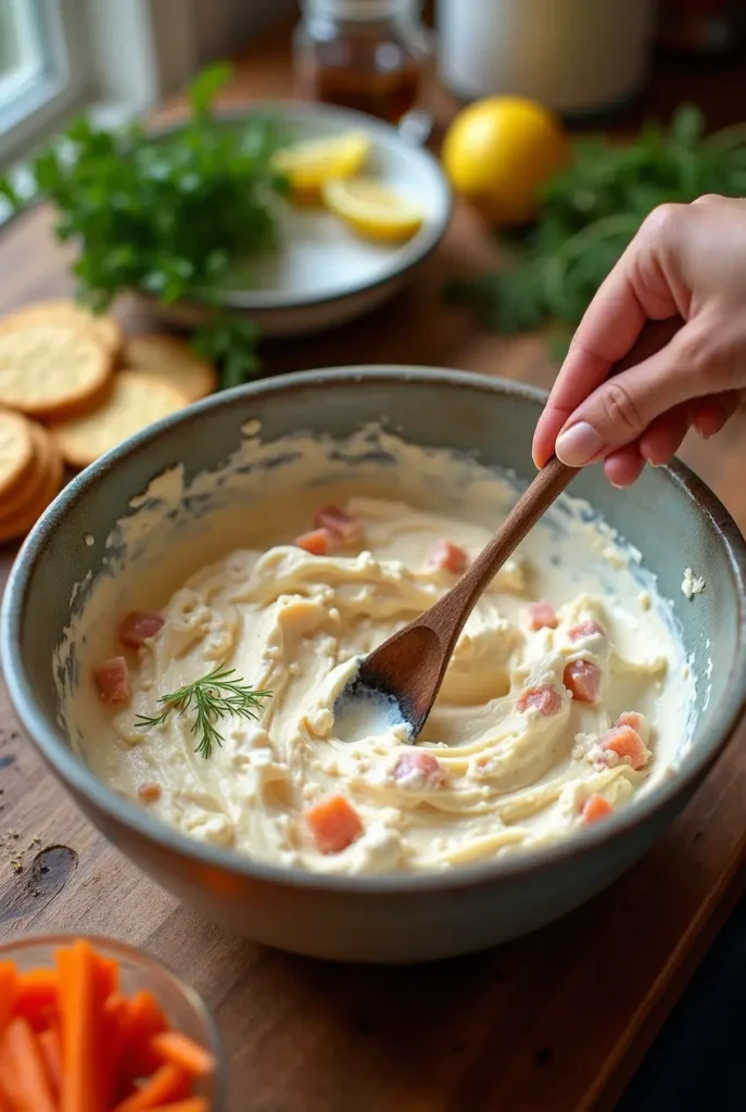 Mixing fish dip ingredients like fish, cream cheese, and herbs in a bowl.