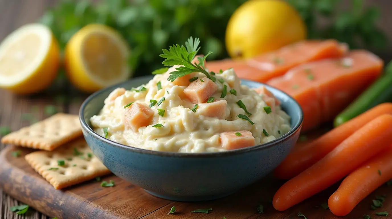 Delicious creamy fish dip recipe served with fresh vegetables and crackers.