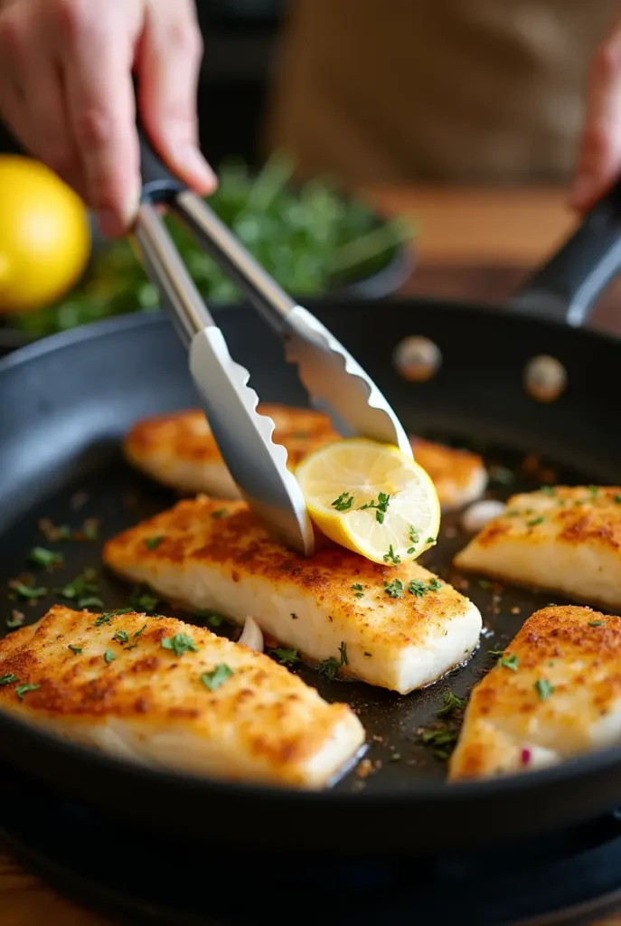 Perfectly cooked whiting fish fillet with a golden crust, garnished with lemon and fresh herbs