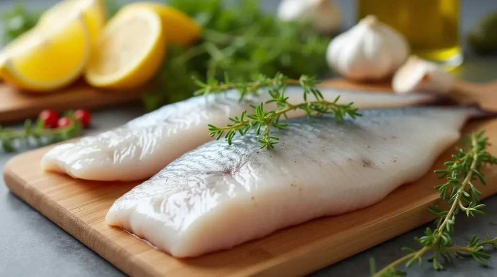 Golden-brown whiting fish recipes with lemon and thyme, perfectly cooked and garnished.